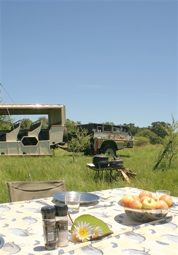 Campsite and safari vehicle on the Elephant Safari, Botswana