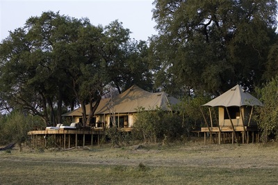 View of luxury accommodation at Zarafa Camp, Botswana