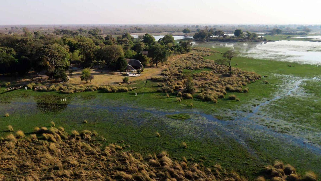 Aerial view of Jumbo Junction Camp, northern Okavango Delta