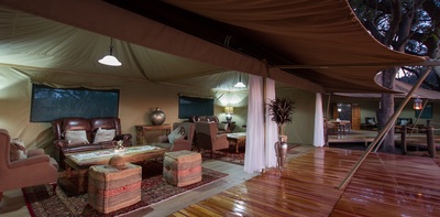 Kadizora Camp, luxury guest tent viewed from veranda