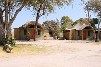 Exterior of thatched chalets at Khwai Guest House, Botswana