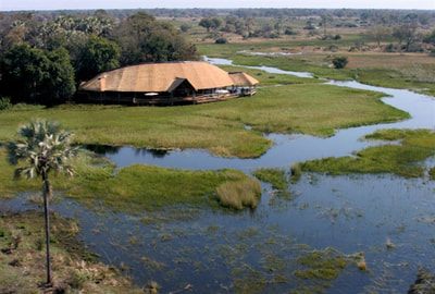 Aerial view of the main lodge area at Moremi Crossing, Okavango Delta